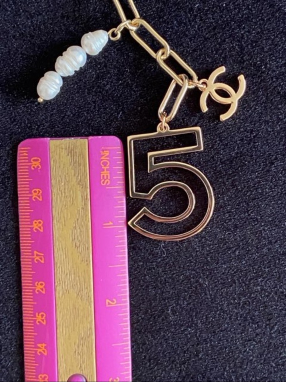CHANEL Gold-Tone Chain Necklace with White Pearls and '5' Charm - Picture 10 of 13
